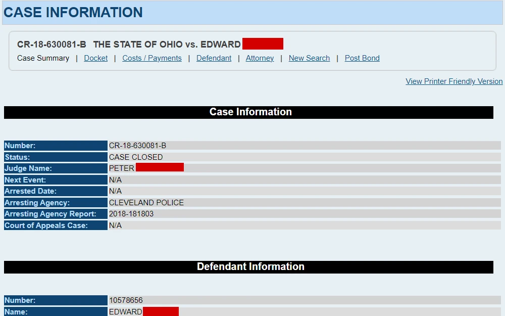 A screenshot of the search tool provided by the Cuyahoga County Clerk of Courts can be used to find criminal documentation either by case or name.
