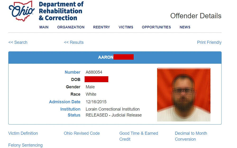 A screenshot of the search tool that can be used to find criminal data of inmates incarcerated in their facilities, those under APA supervision, and violators at large.