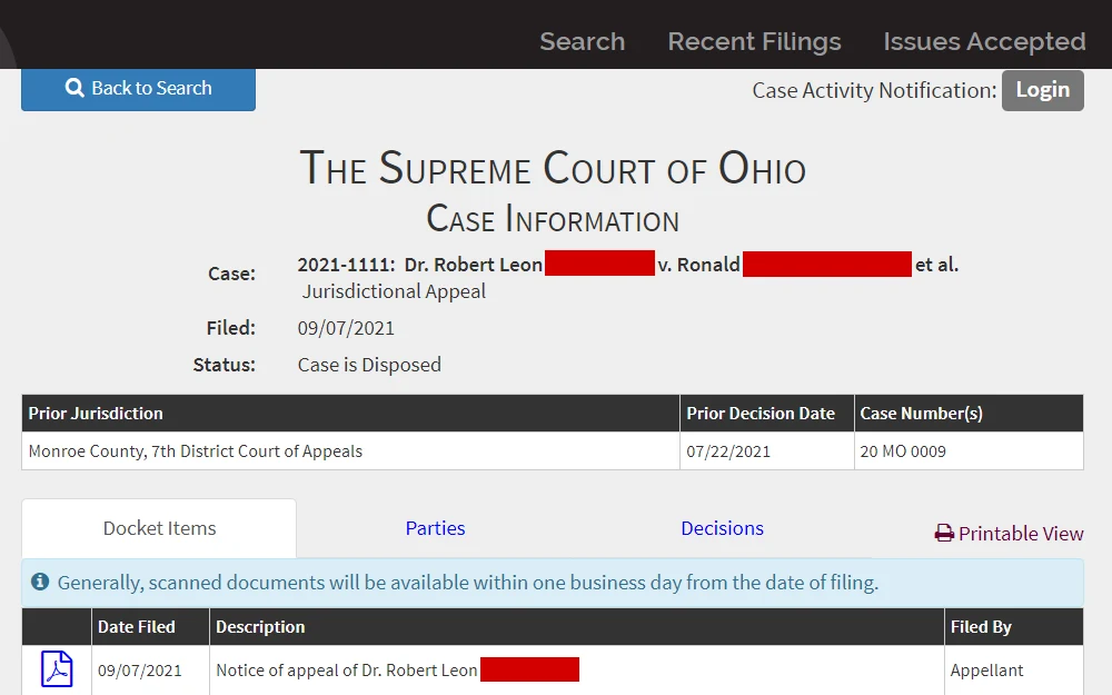 A screenshot of the case information tool that can be used to find court files online from The Supreme Court of Ohio & The Ohio Judicial System.
