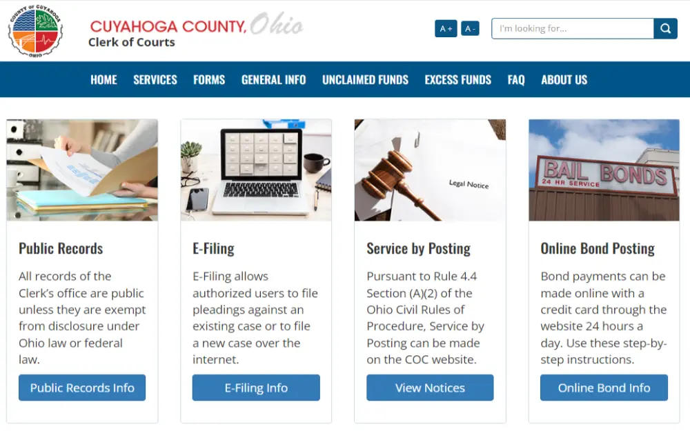 A screenshot from the Cuyahoga County Clerk of Courts showing menu selections such as public records, e-filing, service by posting and online bond posting.
