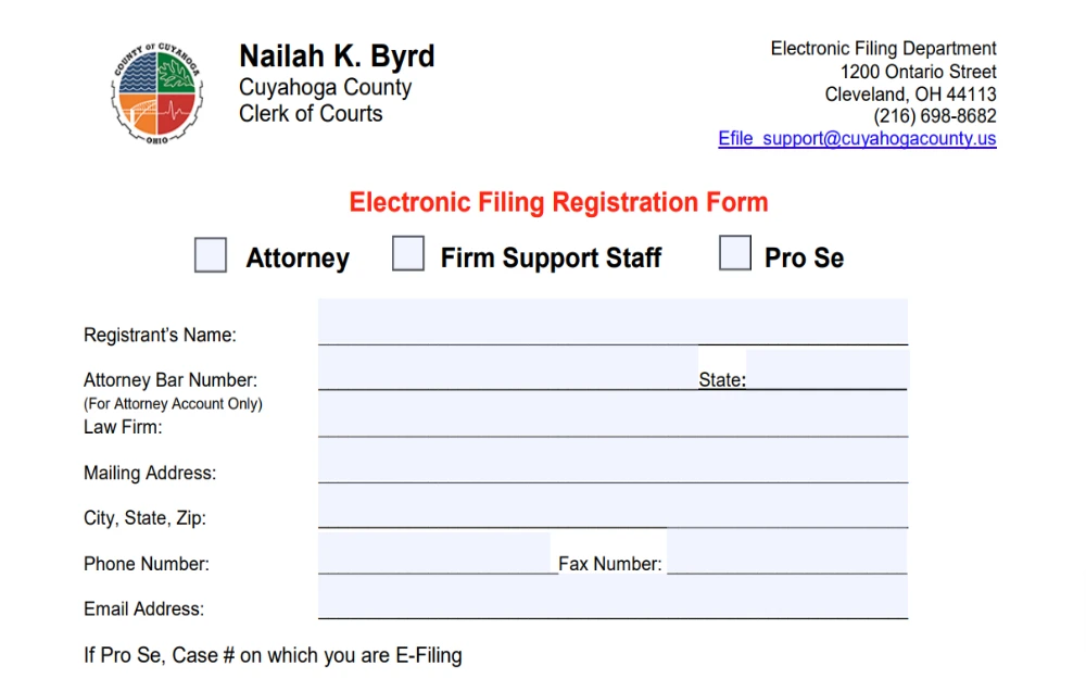 A screenshot displaying an electronic filing registration form from the Cuyahoga County Clerk of Courts website from the electronic filing department requiring some details such as registrant's name, attorney bar number, mailing address and others.