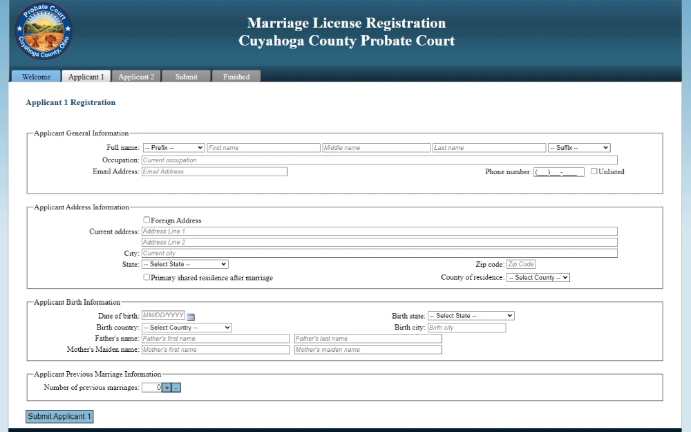 A screenshot of the marriage license application that requires filling in some information such as applicant's general information such as full name, occupation, email address and phone number and other information including address, birth and previous marriage information.
