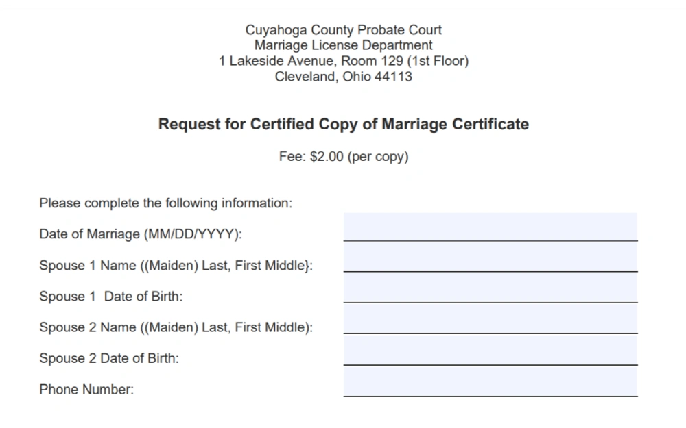 A screenshot showing a request for certified copy of marriage certificate that requires information such as date of marriage, name, date of birth of the spouse and phone number.