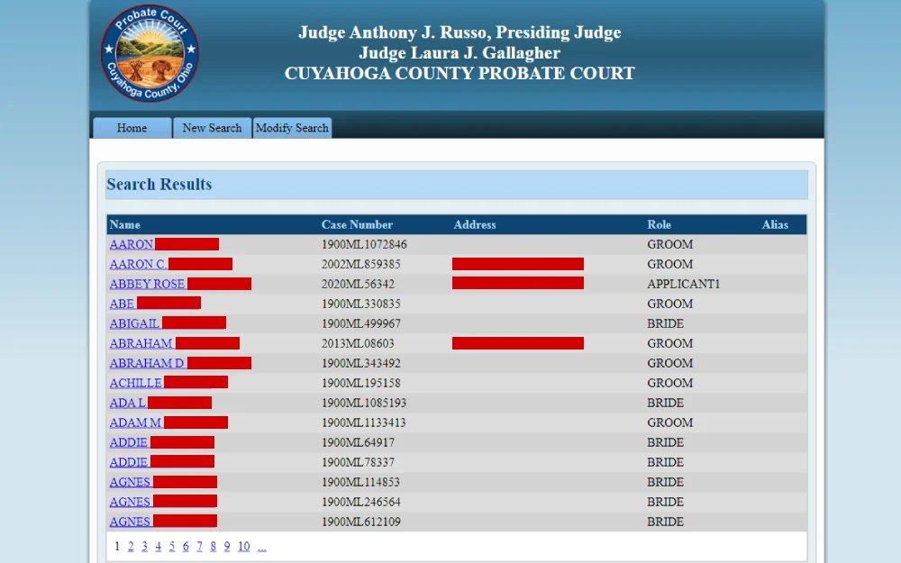 A screenshot displaying the search results of the web name docket search showing full name, case number, address, role and alias from the Cuyahoga County Probate Court website.