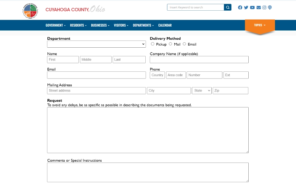 A screenshot displaying a public records request online form requires information such as department, name, delivery method, name, company name, email, phone, mailing address, and request.