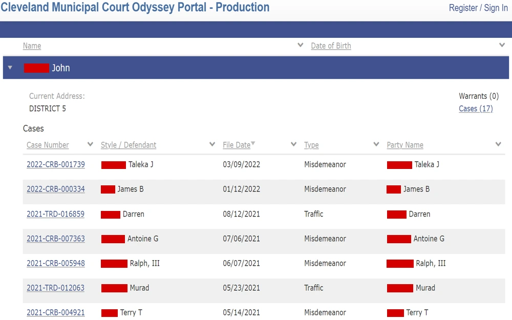 A screenshot from the Cleveland Municipal Court detailing case numbers, defendant names, file dates, types, and party names, indicating no warrants and a total of seventeen cases associated with the search.