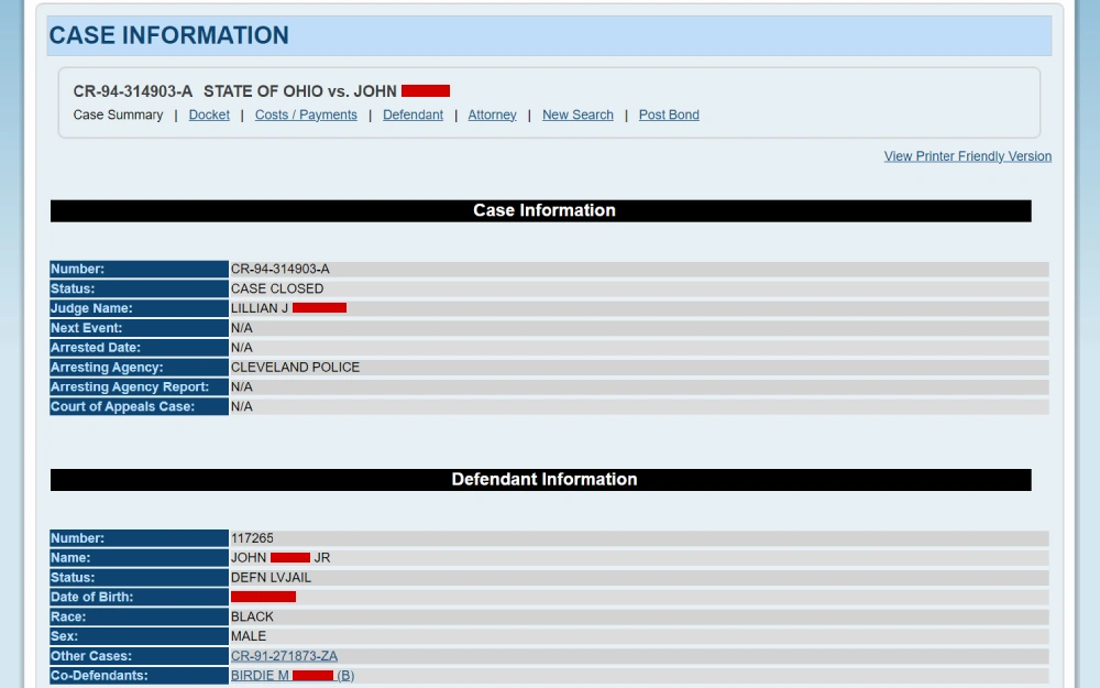 A screenshot from the Cuyahoga County Clerk of Courts detailing a closed case with the case number, judge's name, status, and other non-applicable information, followed by defendant information including a different case number, the defendant's name, status, date of birth, race, sex, and related cases.