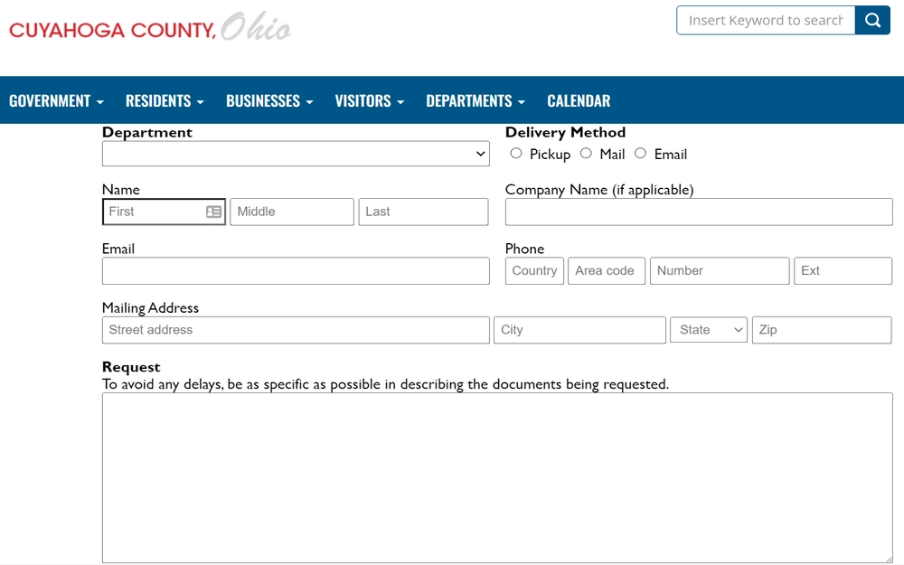 A screenshot from the Cuyahoga County, Ohio, detailing fields for department, name, email, mailing address, phone number, delivery method, and a specific section to describe the documents being requested to ensure prompt service.