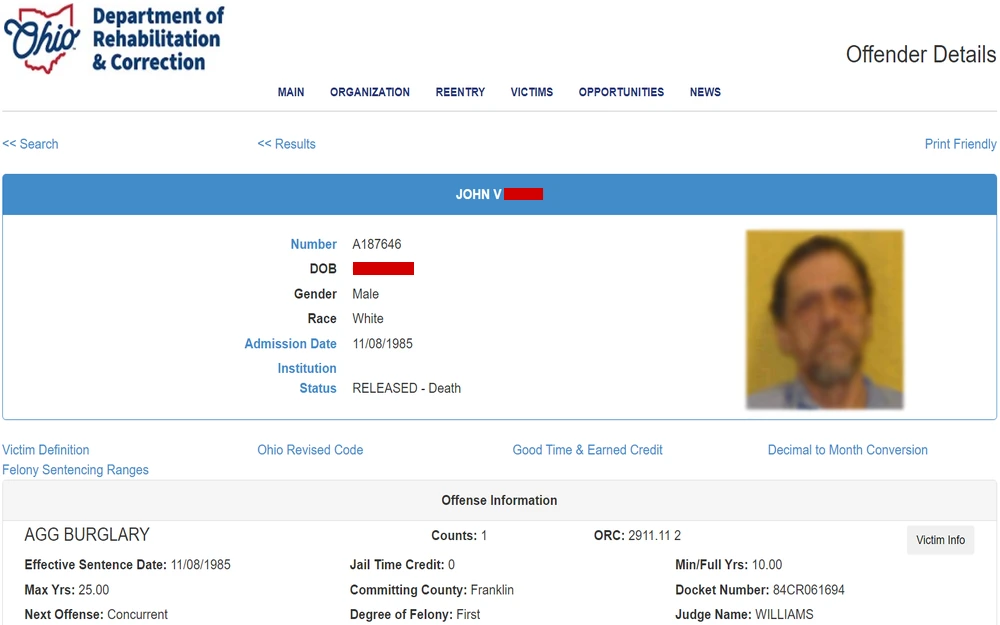 A screenshot from the Ohio Department of Rehabilitation and Correction featuring a mugshot, identification number, date of birth, gender, race, admission date, institution, status, and details of the offense, such as the type of offense, sentence date, maximum years to serve, court docket number, and judge's name.