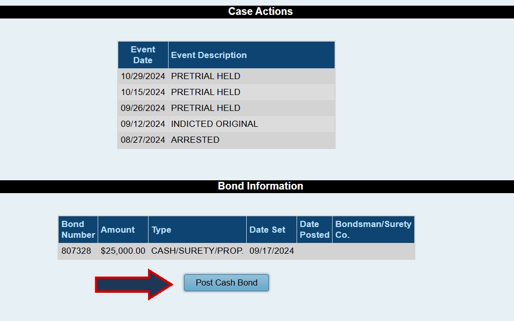 A screenshot from the Cuyahoga County Clerk of Courts, showing a criminal case summary with details such as case action and bond information.