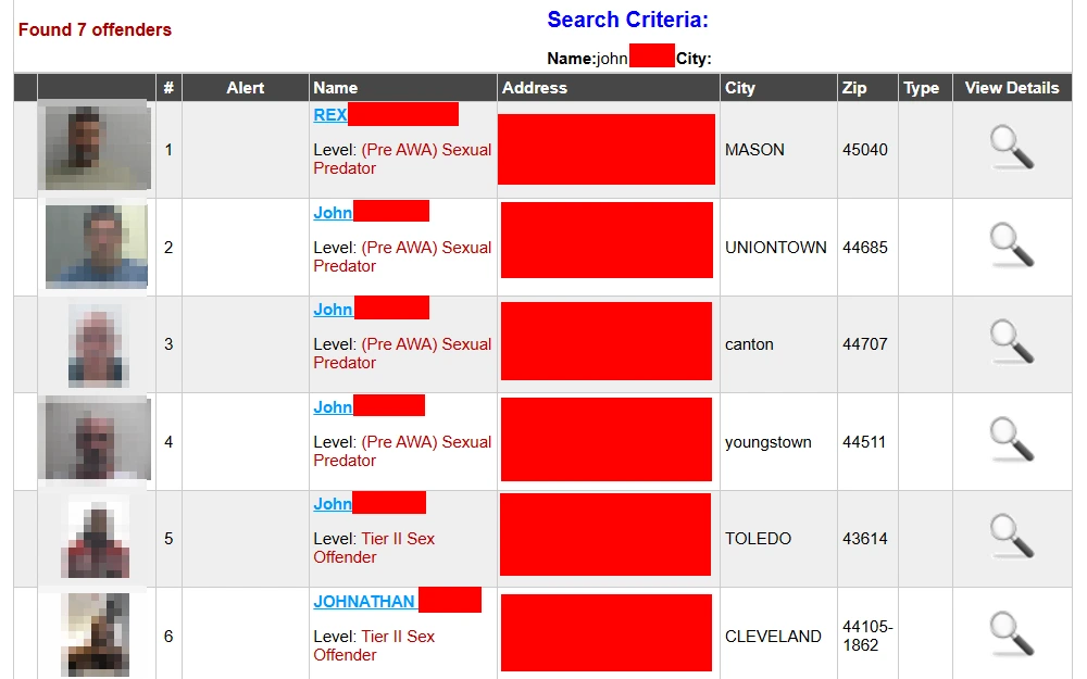 A screenshot from the Cuyahoga County Sheriff's Office sex offender search results, showing a list of offenders with their names, photos, and addresses.