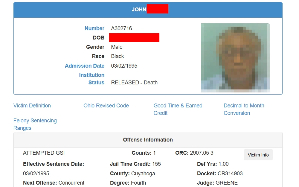 A screenshot of the results from a search on the Ohio Department of Rehabilitation and Correction's offender search, showing individual offender details.