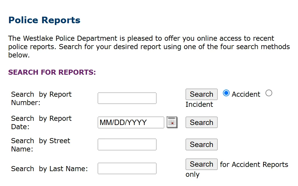 A screenshot of the Westlake Police Department's police records search page, showing the required information to complete a search.